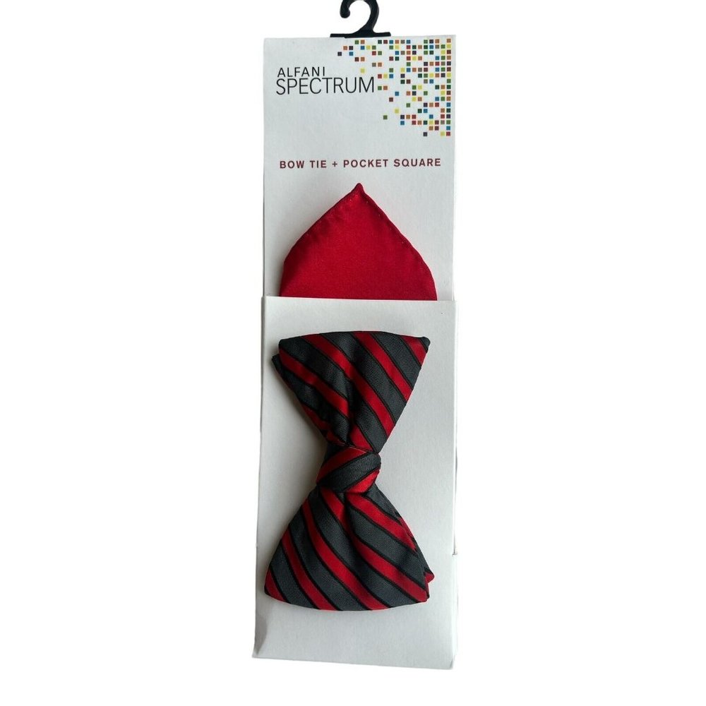 Alfani Spectrum Red And Gray Stripe Bow Tie and Solid Red Pocket Square Set Grey